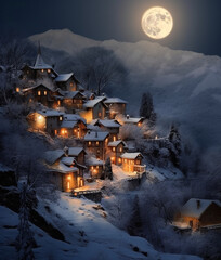 Houses in the mountains at night with a full moon in winter.