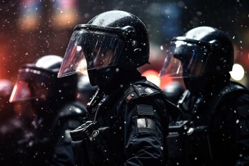 Special task force team in action. Special police forces ensure public order at protest rally. Group of soldiers with weapon on the street. Military operations or special operation concept