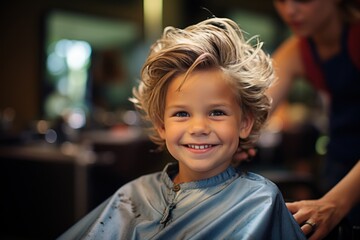 Child with at the hairdresser having a haircut - obrazy, fototapety, plakaty