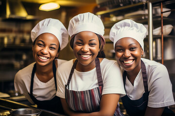 The portrait of the African female chief in the standard uniform of toque or chief hat, white coat, and clean apron group shot in the kitchen happily. Generative AI. - obrazy, fototapety, plakaty