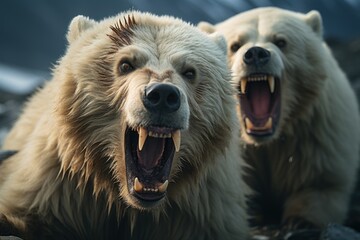 The faces of two white bears roared, - obrazy, fototapety, plakaty