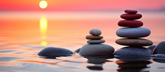 Red sunset backgrounds create a balanced scene with rocks