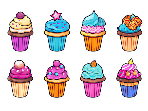 Set of fun kawaii cupcake stickers for decoration of all kinds on a transparent background.