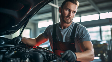 Auto mechanic working on car engines repair and service customer service. Work on the engine in the garage.  - obrazy, fototapety, plakaty