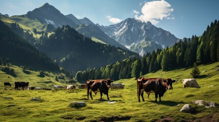 Herd of alpine cows grazing in mountains
