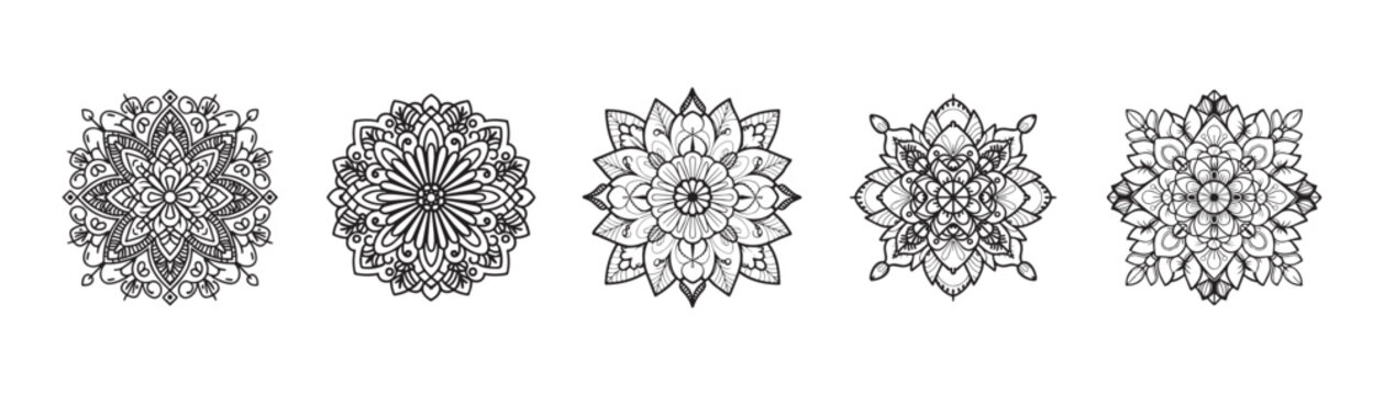 Set of circular pattern in form of mandala with flower for Henna, Mehndi, tattoo, decoration. Decorative ornament in ethnic oriental style