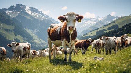 Obraz premium Herd of alpine cows grazing in mountains
