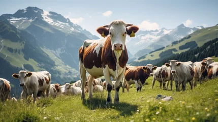 Gordijnen Herd of alpine cows grazing in mountains © sirisakboakaew