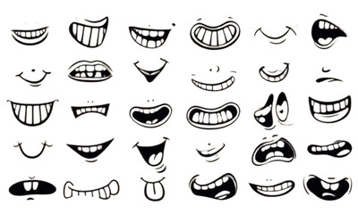 Big Set of Retro Cartoon Characters' Funny Mouths: Vintage 30s, 50s, and 60s Old Animation, Comic Mouth Elements. Smiley Vector Faces with a Range of Funny Emotions, Including Happy and Sad Expression