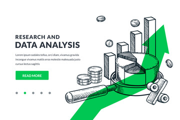 Business data analysis hand drawn vector sketch illustration. Magnifying glass with diagram on green arrow background
