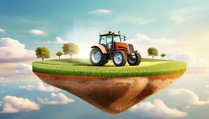 3d illustration of smart farming concept, tractor on a floating piece of land with farm meadow and crops. farm rural on a flying island, digital farming concept 3d design with clouds. - obrazy, fototapety, plakaty