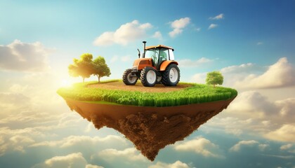 3d illustration of smart farming concept, tractor on a floating piece of land with farm meadow and crops. farm rural on a flying island, digital farming concept 3d design with clouds.