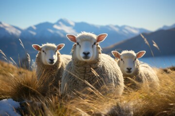 Obraz premium Three sheep in the hillside meadow Wanaka Ski Area Road, South Island, New Zealand