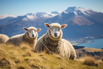 Fototapeta premium Three sheep in the hillside meadow Wanaka Ski Area Road, South Island, New Zealand