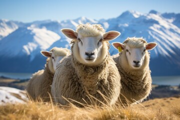 Obraz premium Three sheep in the hillside meadow Wanaka Ski Area Road, South Island, New Zealand