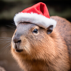 Capybaras celebrating Christmas, in various locations, dressed with Christimas costume.