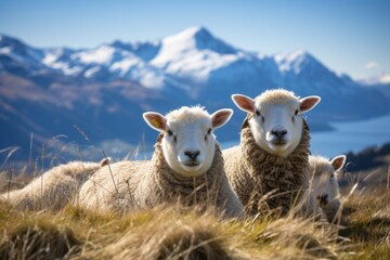 Three sheep in the hillside meadow Wanaka Ski Area Road, South Island, New Zealand