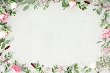 Spring flowers border, flat lay copy space