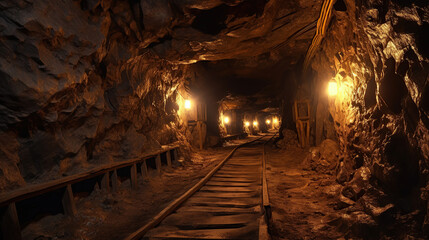 Naklejka premium Angled shot of underground mine passage.