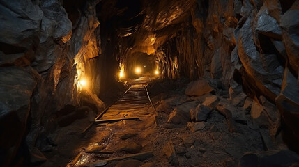 Angled shot of underground mine passage.