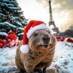 Capybaras celebrating Christmas, in various locations, dressed with Christimas costume.