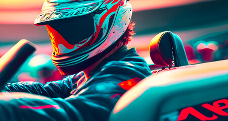 Handsome young man driving a race car on a race track - obrazy, fototapety, plakaty
