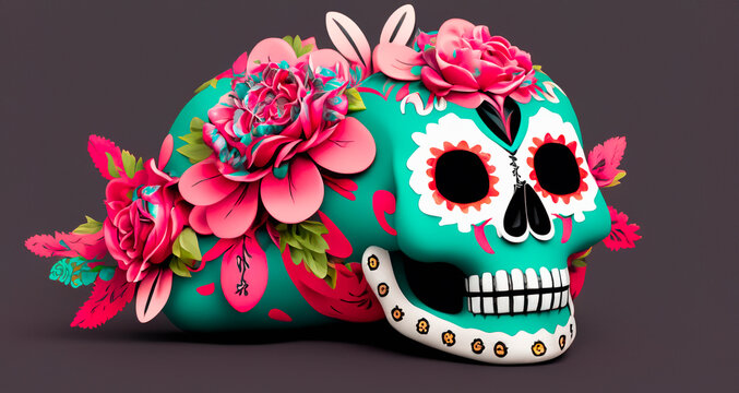 Day of the Dead skull with flowers and leaves. 3D illustrations.