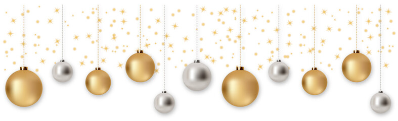 Christmas balls on a transparent background. Luxurious hanging gold and silver Christmas balls. Winter greeting card or website decoration template. Falling confetti and tinsel. Vector illustration 