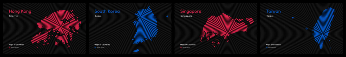 Naklejka premium Creative set of Four Asian Tigers, South Korea, Hong Kong, Singapore, Taiwan. Capital. Tiger Cub Economies. World Countries vector maps. Spiral fingerprint series 