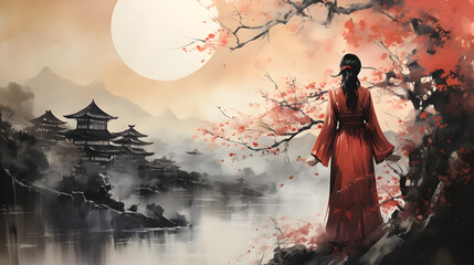 Fototapeta premium a girl in a traditional red dress with a Japanese landscape with a full moon, trees and mountains