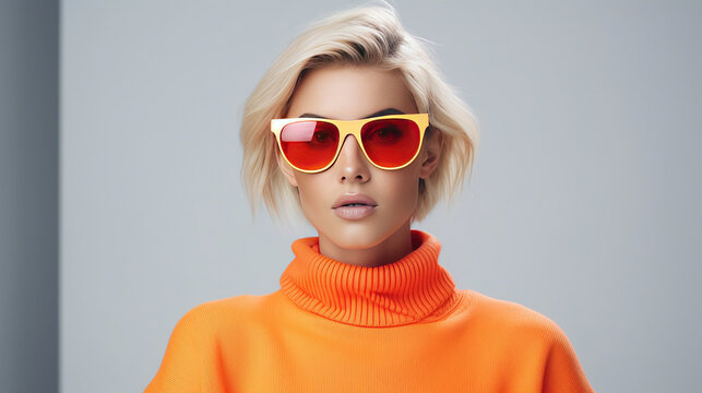 Fashionable confident blonde woman wearing trendy orange sweatshirt, color sunglasses, posing on white background.