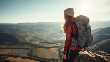 Fototapeta na wymiar a young woman climber admiring view from mountain top. generative AI