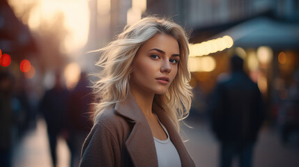 Gorgeous blonde woman walking down the sidewalk in streets of Istanbul.