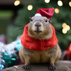 Capybaras celebrating Christmas, in various locations, dressed with Christimas costume.