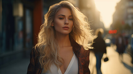 Gorgeous blonde woman walking down the sidewalk in streets of Istanbul.