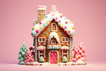 Candy-ornamented gingerbread house amid Christmas Décor isolated on gradient pastel background 