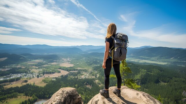 a young woman climber admiring view from mountain top. generative AI