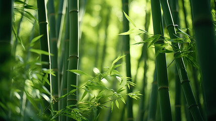 Fototapeta na wymiar Lush greens and strong vertical lines of trees in a bamboo grove.