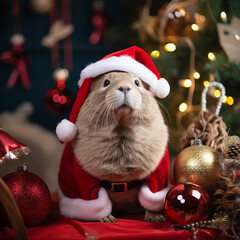 Capybaras celebrating Christmas, in various locations, dressed with Christimas costume.
