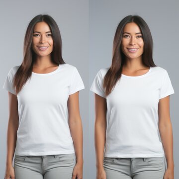 double view of model wearing white tshirt for mock up presentation with 2 options