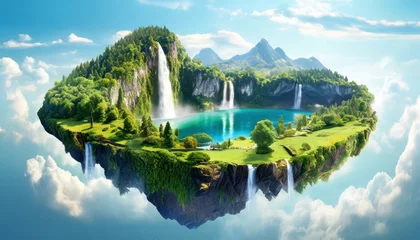 Schilderijen op glas Flying green forest land with trees, green grass, mountains, blue water and waterfalls isolated with clouds. Floating island with greenery and beautiful landscape scenery. isolated on blue background © CreativeStock