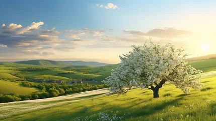 Tuinposter Moravian green rolling landscape with blooming apple-tree. Landscape with white spring flowering trees on green hill, which is highlighted by the setting sun. Natural seasonal landscape. © Santy Hong