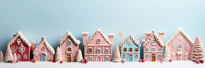 Gingerbread house vignettes on pastel Christmas backdrop background with empty space for text 
