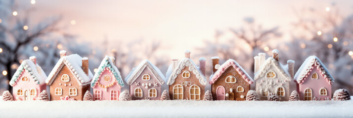 Enchanted pastel gingerbread homes in winter wonderland background with empty space for text 