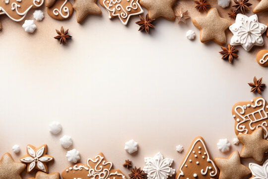Pastel Christmas canvas with gingerbread decor background with empty space for text 