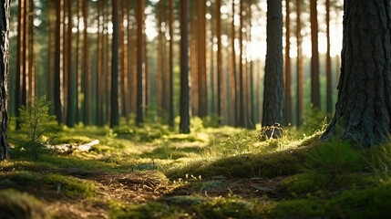Obraz premium Nordic pine forest in the evening light. Short depth-of-field.