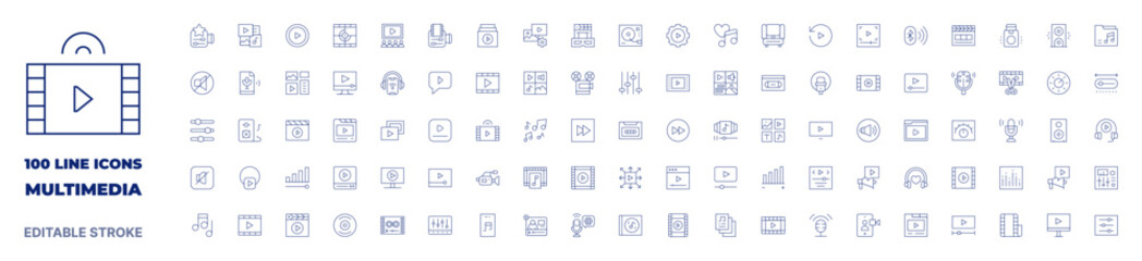 100 icons Multimedia collection. Thin line icon. Editable stroke. Multimedia icons for web and mobile app. - obrazy, fototapety, plakaty
