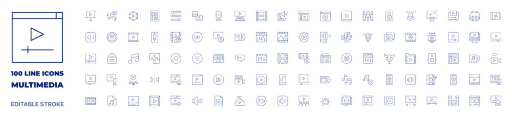 100 icons Multimedia collection. Thin line icon. Editable stroke. Multimedia icons for web and mobile app.