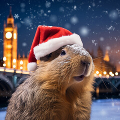 Capybaras celebrating Christmas, in various locations, dressed with Christimas costume.
