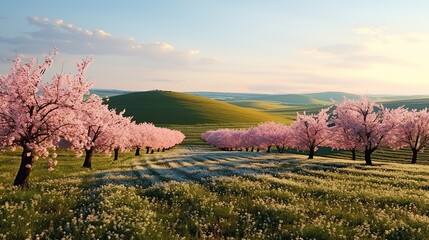 Panoramic view of the field waves with blossoming trees.